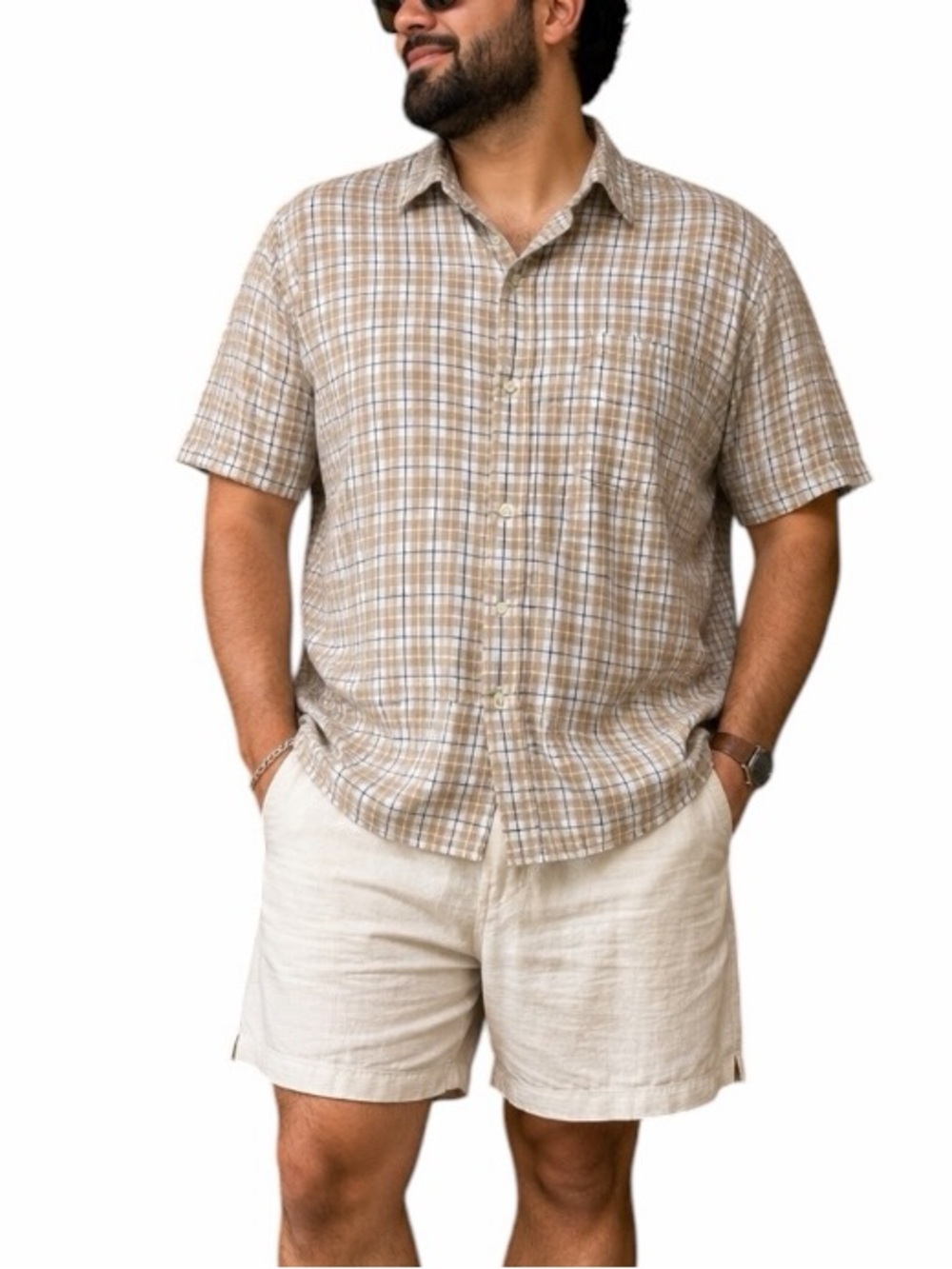 Carhartt Large Beige Tan Plaid Short Sleeve Button Down Cotton Shirt